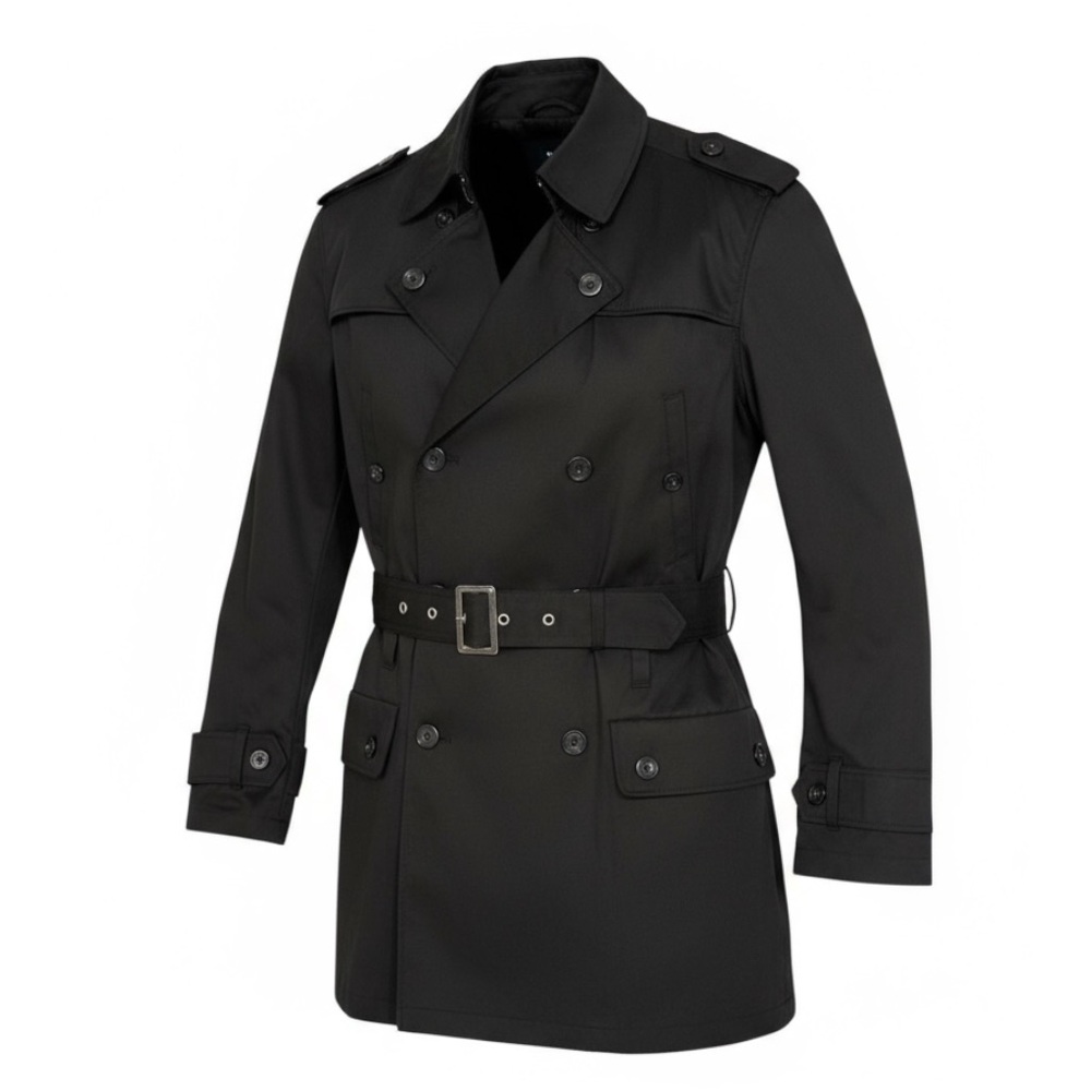 🕶️ WT02 New York Black Trench Coat 🖤 Men’s L‎ Double-Breasted Belted Vibe